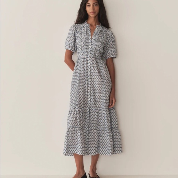 Doen Haleigh Cotton Tiered A Line Short Sleeve Midi Maxi Dress Dahlia Ditsy Blue